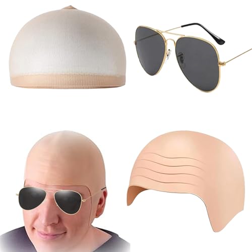 Glatzenkappe, 3er Bald Cap Set Mit Haarnetz Sonnenbrille Glatze Perücke, Flexibel Glatze Kostüm für Halloween Kostümpartys Rollenspiele Theateraufführungen Karneval von PWCTNT