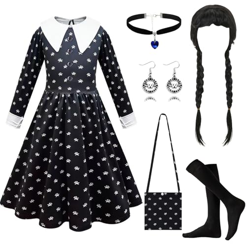 PWOKAO Mittwoch Kostüm Kinder, 6 Stück Gothic Schwarzer Kleid mit Perücke & Tasche & Socken Set für Mädchen Fasching Cosplay Party Outfit (M) von PWOKAO