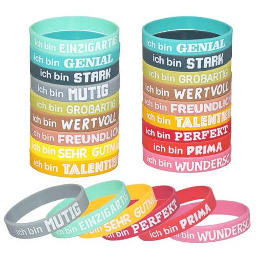 PXBSNB 24 Stück Motivationsarmbänder auf Deutsch, 20.2CM Silikonarmband mit Positiven Sprüchen, Mutmacher Geschenk Armband Kinder, Motivationsgeschenke für Teenager Kollegen Mitarbeiter Erwachsene von PXBSNB