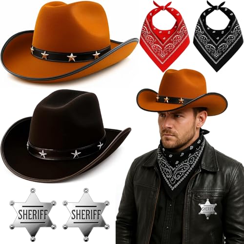 Cowboyhut, Halloween-Kostüme, 6 Stück, schwarzer und brauner Stern besetzter Cowboy mit roten schwarzen Bandanas und Sheriff-Abzeichen, Westernkostüm für Halloween-Partys, Junggesellenabschiede Cowboyhut, Halloween-Kostüme, 6 Stück, schwarzer und brauner Stern besetzter Cowboy mit roten schwarzen Bandanas und Sheriff-Abzeichen, Westernkostüm für Halloween-Partys, Junggesellenabschiede von PXDUCN