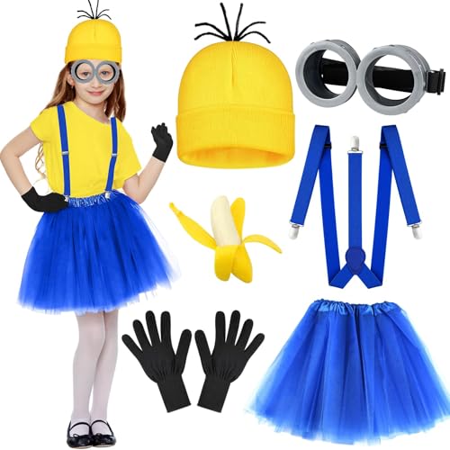 Gelbe Kostüme, Halloween-Dekorationen, 6 Stück, gelbes Kostüm-Zubehör, inklusive Hut, Brille, Handschuhe, Strapsrock und Bananenplüsch, für Cosplay, Party, Kostüm, Spiele, Party von PXDUCN