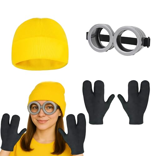 Halloween-Kostüm, Kostümzubehör, 3-teiliges Set, Zubehör, Steampunk-Brille, gelbe Beanie, schwarze Drei-Finger-Handschuhe, niedlich lustig für Cosplay-Party Halloween-Kostüm, Kostümzubehör, 3-teiliges Set, Zubehör, Steampunk-Brille, gelbe Beanie, schwarze Drei-Finger-Handschuhe, niedlich lustig für Cosplay-Party von PXDUCN