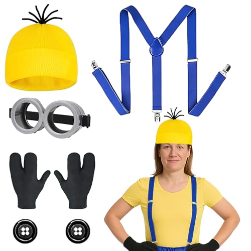 Mini-on-Kostüm, Kostümzubehör, 5-teiliges Set, Zubehör, Steampunk-Brille, gelbe Beanie, schwarze Drei-Finger-Handschuhe, Schnalle und Riemen, niedlich lustig für Cosplay-Party von PXDUCN