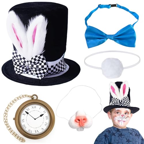 Osterhasen-Kostüm-Zubehör, Oster-Zubehör, weißes Kaninchen, Plüsch, Zylinder, Nase, Plüschschwanz, Taschenuhr, Krawatte, Osterdekoration, Requisiten, Hasen-Kostüm, Set für Cosplay-Party, 5 Stück Osterhasen-Kostüm-Zubehör, Oster-Zubehör, weißes Kaninchen, Plüsch, Zylinder, Nase, Plüschschwanz, Taschenuhr, Krawatte, Osterdekoration, Requisiten, Hasen-Kostüm, Set für Cosplay-Party, 5 Stück von PXDUCN