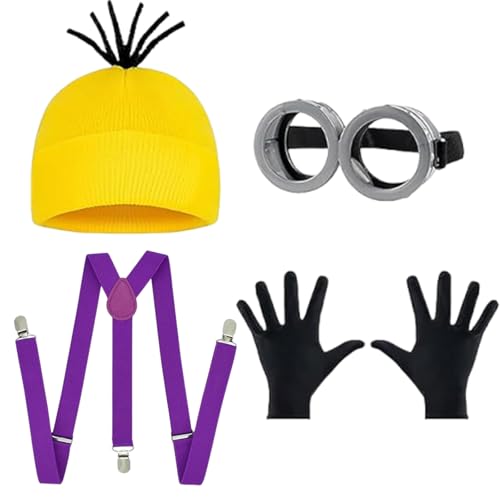 PXDUCN Gelbes Kostüm, Fasching, 5-teiliges Halloween-Kostüm-Zubehör mit Steampunk-Brille, gelber Beanie, Hosenträgern und schwarzen Handschuhen, lustige Verkleidung für Karneval und Halloween-Partys von PXDUCN