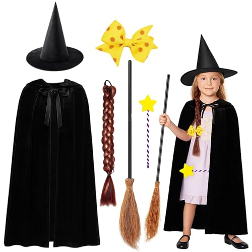 PXDUCN Hexenkostüm Kinder, Halloween-Kostüme, 6-teiliges Kostüm-Set für Mädchen mit Hexenhut, Umhang, Besen, Zauberstab, Haarspange und Zöpfen, perfekt für Halloween, Karneval und Mottopartys PXDUCN Hexenkostüm Kinder, Halloween-Kostüme, 6-teiliges Kostüm-Set für Mädchen mit Hexenhut, Umhang, Besen, Zauberstab, Haarspange und Zöpfen, perfekt für Halloween, Karneval und Mottopartys von PXDUCN