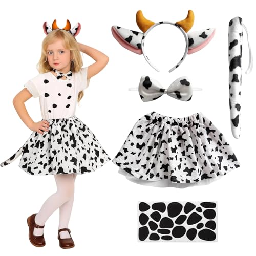 PXDUCN Kuh-Kostüm, Halloween-Kostüm, 5-teiliges Mädchen-Kostüm-Set für Kinder, inklusive Stirnband, Schleife, Schwanz, Kleid und Aufkleber, Tierverkleidung für Halloween, Mottopartys, Rollenspiele PXDUCN Kuh-Kostüm, Halloween-Kostüm, 5-teiliges Mädchen-Kostüm-Set für Kinder, inklusive Stirnband, Schleife, Schwanz, Kleid und Aufkleber, Tierverkleidung für Halloween, Mottopartys, Rollenspiele von PXDUCN