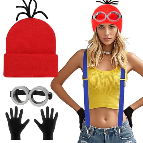 PXDUCN Rotes Kostüm, Verkleidung, 3-teiliges Halloween-Kostüm mit rotem Hut, Brille und schwarzen Handschuhen, niedlich lustig für Cosplay-Party für Halloween, Karneval von PXDUCN