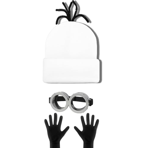 PXDUCN Weißes Kostüm, Verkleidung, 3-teiliges Halloween-Kostüm-Zubehör mit Steampunk-Brille, gelber Beanie und schwarzen Handschuhen, lustige Verkleidung für Karneval und Halloween-Partys von PXDUCN