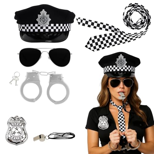 Polizei-Kostüm für Kinder, Halloween-Kostüme, 6-teiliges Rollenspiel-Zubehör-Set für Erwachsene und Kinder, Faschingsparty-Outfit mit Handschellen, Hut, Schild, Krawatte, Pfeife und Brille für von PXDUCN
