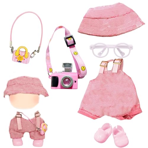 Puppenkleider, 6-teiliges Set, Kleid zum Beeindrucken von Puppen Outfit Zubehör, Rosa Puppenkleidung für Mädchen und Jungen, für Geburtstagsparty, inklusive Hut, Overall, Schuhe, Tasche, Kamera Puppenkleider, 6-teiliges Set, Kleid zum Beeindrucken von Puppen Outfit Zubehör, Rosa Puppenkleidung für Mädchen und Jungen, für Geburtstagsparty, inklusive Hut, Overall, Schuhe, Tasche, Kamera von PXDUCN