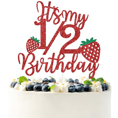 Roter Glitzerkuchenaufsatz mit Aufschrift "It's My 1/2 Birthday", Erdbeer-Motiv "Half Way to One/Happy Half Birtday", für 6 Monate Geburtstag, Babyparty, Party-Dekoration Roter Glitzerkuchenaufsatz mit Aufschrift "It's My 1/2 Birthday", Erdbeer-Motiv "Half Way to One/Happy Half Birtday", für 6 Monate Geburtstag, Babyparty, Party-Dekoration von PYBHILK