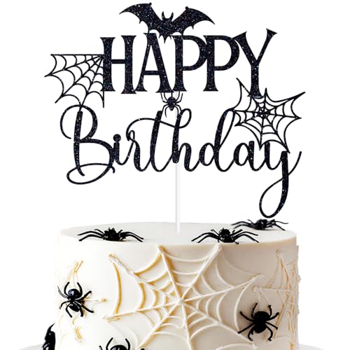 Schwarzer Glitzer-Happy Birthday-Kuchenaufsatz, Halloween-Geist Ghoul Geburtstagskuchendekoration, Spinnen-Grusel-Party-Dekorationen von PYBHILK
