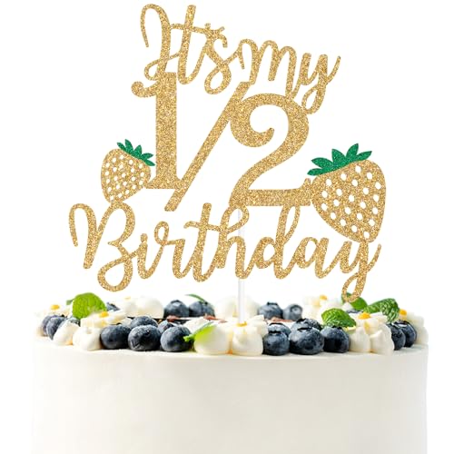 Tortenaufsatz mit goldfarbenem Glitzer, Aufschrift "It's My 1/2 Birthday", Erdbeer-Motiv "Half Way to One/Happy Half Birtday", für 6 Monate Geburtstag, Babyparty, Party-Dekoration Tortenaufsatz mit goldfarbenem Glitzer, Aufschrift "It's My 1/2 Birthday", Erdbeer-Motiv "Half Way to One/Happy Half Birtday", für 6 Monate Geburtstag, Babyparty, Party-Dekoration von PYBHILK