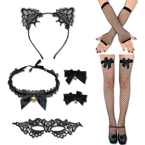 PYSEOSISE 6 Stück Katzenkostüm Damen, Schwarz Katze Kostüm Set, Kostüm Katze Mit Katzenohren Haarreif Spitze Maske Halskette Handschuhe Kniestrümpfe für Halloween Fasching Party PYSEOSISE 6 Stück Katzenkostüm Damen, Schwarz Katze Kostüm Set, Kostüm Katze Mit Katzenohren Haarreif Spitze Maske Halskette Handschuhe Kniestrümpfe für Halloween Fasching Party von PYSEOSISE