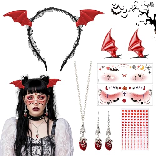 PYSEOSISE Fledermaus Haarreif, Halloween Haarreif Damen, Fledermaus Haarschmuck und Haarspangen mit Halsketten Ohrringe und Tattoos für Damen Karneval Maskerade Dress Up Party PYSEOSISE Fledermaus Haarreif, Halloween Haarreif Damen, Fledermaus Haarschmuck und Haarspangen mit Halsketten Ohrringe und Tattoos für Damen Karneval Maskerade Dress Up Party von PYSEOSISE