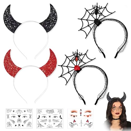 PYSEOSISE Halloween Haarreif, 4 Stück Halloween Kopfschmuck mit Tattoos, Spinnen Haarreif Teufelshörner Haarreifen Devil Horn Stirnband für Damen Karneval Maskerade Dress Up Party PYSEOSISE Halloween Haarreif, 4 Stück Halloween Kopfschmuck mit Tattoos, Spinnen Haarreif Teufelshörner Haarreifen Devil Horn Stirnband für Damen Karneval Maskerade Dress Up Party von PYSEOSISE
