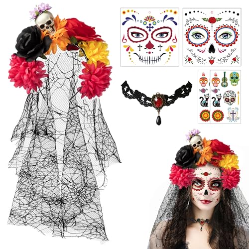 PYSEOSISE Halloween Tag der Toten Haarreif, Dia de Los Muertos Haarreif mit Schleier, Rosen Halloween Kopfschmuck mit Choker Halskette und Temporäre Gesichtstattoos für Damen von PYSEOSISE