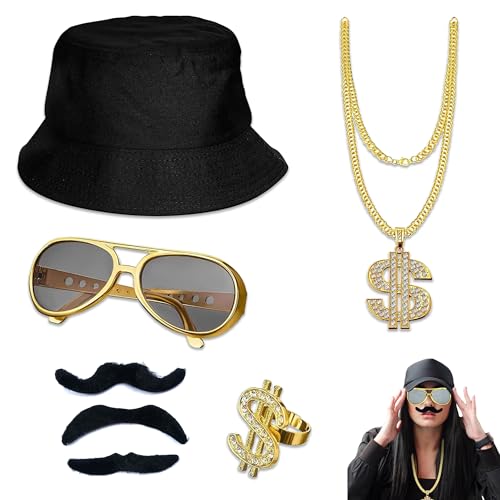 PYSEOSISE Hip Hop Kostüm Set, 5 Stück 80s 90s Rapper Accessoires, 80s Zuhälter Kostüm Set mit Eimer Hut Sonnenbrille Halsketten Ringe Falscher Bart Für Männer Frauen PYSEOSISE Hip Hop Kostüm Set, 5 Stück 80s 90s Rapper Accessoires, 80s Zuhälter Kostüm Set mit Eimer Hut Sonnenbrille Halsketten Ringe Falscher Bart Für Männer Frauen von PYSEOSISE