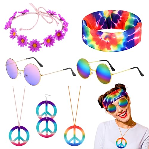 PYSEOSISE Hippie Kostüm Set, 7 Stück Vintage Hippie Accessoires, 60er 70er Jahre Accessoire mit Gänseblümchen Kopfschmuck Batik Stirnband Runde Brille Peace Halskette PYSEOSISE Hippie Kostüm Set, 7 Stück Vintage Hippie Accessoires, 60er 70er Jahre Accessoire mit Gänseblümchen Kopfschmuck Batik Stirnband Runde Brille Peace Halskette von PYSEOSISE