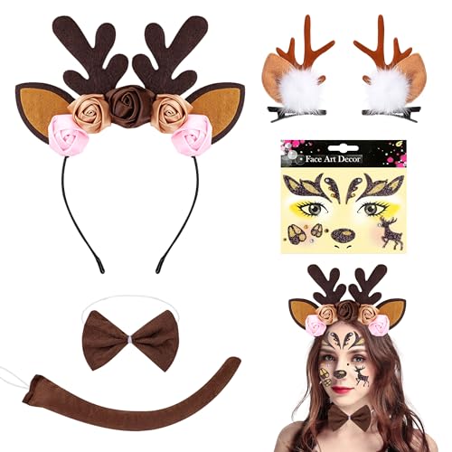 PYSEOSISE Reh Kostüm Damen, 5 Stück Rentier Kostüm Set, Rentier Haarreif und Reh Geweih Haarspangen mit Fliege Schwanz Gesichtsaufkleber für Damen Fasching Karneval Elch Cosplay PYSEOSISE Reh Kostüm Damen, 5 Stück Rentier Kostüm Set, Rentier Haarreif und Reh Geweih Haarspangen mit Fliege Schwanz Gesichtsaufkleber für Damen Fasching Karneval Elch Cosplay von PYSEOSISE