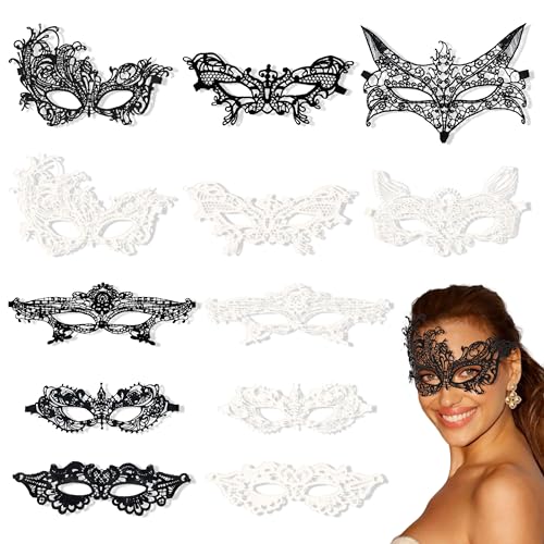 PYSEOSISE Spitze Maske, 12 Stück Maskerade Maske, Schwarz und Weiß Maskenball Spitzenmaske Damen Lace Augenmaske für Halloween Karneval Abendkleid Kostüm Ball von PYSEOSISE