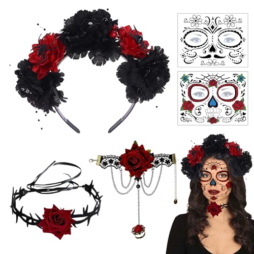 PYSEOSISE Tag der Toten Haarreif, Dia de Los Muertos Haarreif, Tag der Toten Haarschmuck Mexikanische Stirnband mit Rosen Choker Armbänder und Temporäre Gesichtstattoos für Damen PYSEOSISE Tag der Toten Haarreif, Dia de Los Muertos Haarreif, Tag der Toten Haarschmuck Mexikanische Stirnband mit Rosen Choker Armbänder und Temporäre Gesichtstattoos für Damen von PYSEOSISE