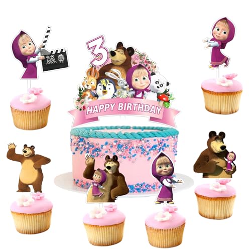 Mädchen Und Der Bär Tortendeko,Mädchen Und Der Bär 3.Geburtstag Deko,7Pcs Küchendeko Mädchen Und Der Bär,Mädchen Und Der Bär Tortenaufleger Kinder,Kindergeburtstag Cake Topper. (3) von PYTRARTY