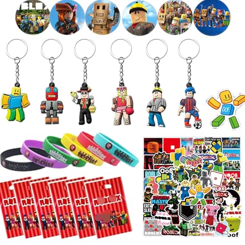 PYTRARTY 78pcs Robllox Party Mitgebsel,Enthält 6 Robllox Silikon-Armbänder,6 Anstecker,10 Geschenktüten,6 Robllox Schlüsselanhänger,50 Robllox Aufkleber,Fan Mitgebsel Kindergeburtstag von PYTRARTY