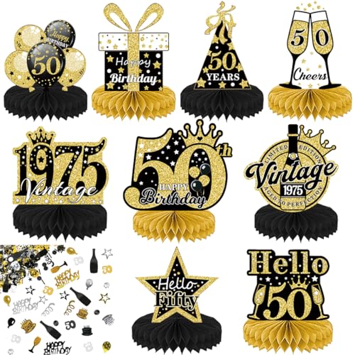 Tischdeko 50. Geburtstag Schwarz Gold, 9 teiliges Waben Tischdeko Set mit 15g 'Happy Birthday' Konfetti - Tischdeko für den 50. Geburtstag von Männern und Frauen Tischdeko 50. Geburtstag Schwarz Gold, 9 teiliges Waben Tischdeko Set mit 15g 'Happy Birthday' Konfetti - Tischdeko für den 50. Geburtstag von Männern und Frauen von PZJOALN