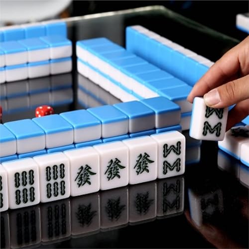 PZOFERLIN Chinesische Mahjong-Spielsteine Mahjong-Set, Chinesisch, 144 Spielsteine, Melamin, Aufbewahrungsbox, Tischdecke, Blau/Grün, 40–44 mm(Blue,40mm) von PZOFERLIN