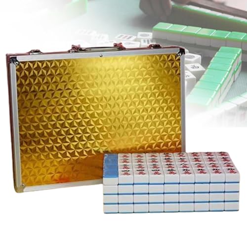 PZOFERLIN Chinesische Mahjong-Spielsteine Mahjong-Spielset, 144 Spielsteine, mit Würfeln, Tischdecke, Aluminiumkoffer, for Zuhause und unterwegs, Mehrfarbig(Blue) von PZOFERLIN