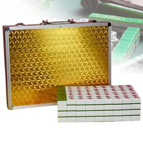 PZOFERLIN Chinesische Mahjong-Spielsteine Mahjong-Spielset, 144 Spielsteine, mit Würfeln, Tischdecke, Aluminiumkoffer, for Zuhause und unterwegs, Mehrfarbig(Green) von PZOFERLIN