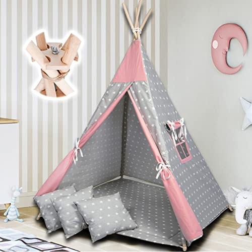 PaLulli Tipi Spielzelt für Kinder mit Matte & Anti-Kollaps-System & 3 Dekokissen Baumwolle- Segeltuch Kinderzelt (Stars Pink) von PaLulli