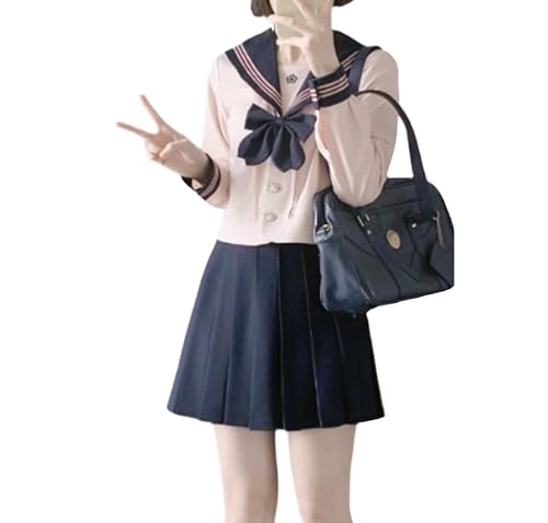 Damen Japanische Schuluniform Langarm Matrosen Kostüm Tops Faltenrock Halloween Party Anime Cosplay Outfit, Pink, L Damen Japanische Schuluniform Langarm Matrosen Kostüm Tops Faltenrock Halloween Party Anime Cosplay Outfit, Pink, L von Packitcute