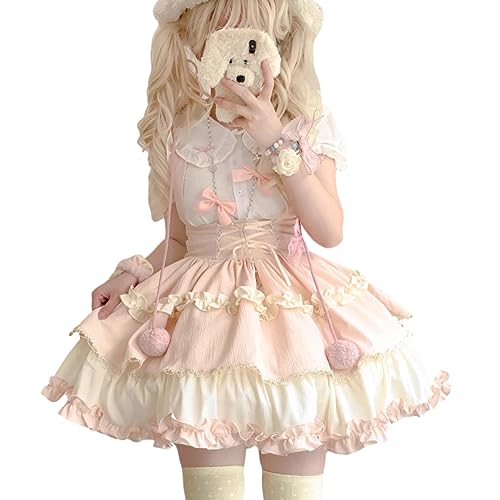 Japanische Cosplay-Röcke, süße Rüschen, Lolita, süße Röcke, Teenager, Mädchen, Spitze, Schleife, Party-Kostüm, elastische Taille, Strapsrock mit Gürtel (klein, rosa weiß) von Packitcute