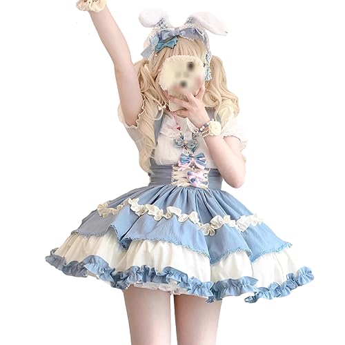 Japanische Cosplay-Röcke, süße Rüschen, Lolita, süße Röcke, Teenager, Mädchen, Spitze, Schleife, Party-Kostüm, elastische Taille, Strapsrock mit Gürtel von Packitcute