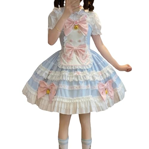 Packitcute Niedliches Kleid im japanischen Stil, für Teenager, gestufte Rüschen, ärmellos, A-Linie, Lolita, Partykleid, Dienstmädchen, Anime, Cosplay-Kostüm, Blau, Mittel von Packitcute