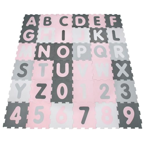Paco Home Puzzlematte Spielmatte Schaumstoffmatte Baby Kinder Matte rutschfest Zahlen Buchstaben Pastell 36 Teile, Grösse:32x32 cm x 36 STK., Farbe:Pink von Paco Home