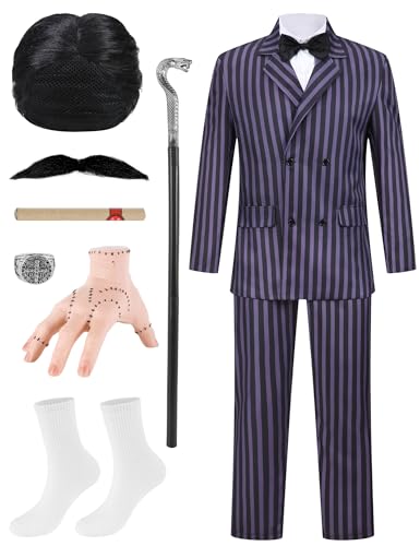Herren Nadelstreifen-Anzug, Gangster-Kostüm, Deluxe-Set, gestreifte Jacke, Hose, Halloween, Cosplay, Party, Outfit, 11-teilig, Schwarz, M von Padama