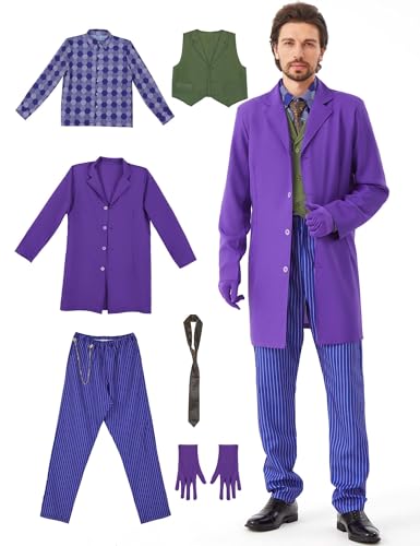Lila Herren-Kostüm, 7-teiliges Set, Clown-Kostüm, Deluxe-Mantel, ausgefallen, lustig, Halloween, Erwachsene, Übergröße, Outfit für Party, Cosplay, Weihnachten von Padama