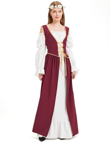 Padama Mittelalterliches Kleid für Damen, Renaissance, für Erwachsene, Halloween, Cosplay, Party, Outfit, Rot/Ausflug, einfarbig (Getaway Solids), 3XL von Padama