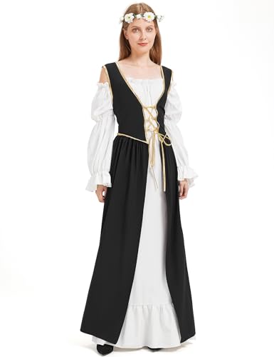 Padama Mittelalterliches Kleid für Damen, Renaissance, für Erwachsene, Halloween, Cosplay, Party, Outfit, Schwarz, 3XL von Padama