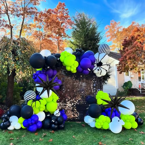 Halloween Ballon Bogen Girlande Kit, Lila Neon Grün Party Dekor mit Stern Spikes & Schwarz und Weiß Streifen Folienballons, Schwarze Augen Grün Gruselballon für Halloween Outdoor Party Dekorationen von Paeyeq