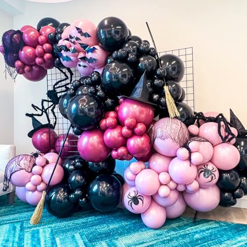 Halloween-Ballon-Bogen-Girlande-Set, schwarz-rosa Hexen-Halloween-Ballons mit Spinne und Fledermaus-Dekor, metallischer Fuchsia-Pastell-Gothic-Ballon für Halloween-Party, Zuhause, Garten von Paeyeq