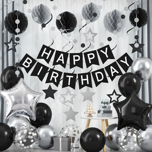 Schwarz Silber Geburtstag Dekorationen, Happy Birthday Banner mit Schwarz Silber Luftballons, Wabenbälle, Sterne Hängende Wirbel Luftschlangen, Kreis Punkte Girlande, Happy Birthday Party Dekorationen Schwarz Silber Geburtstag Dekorationen, Happy Birthday Banner mit Schwarz Silber Luftballons, Wabenbälle, Sterne Hängende Wirbel Luftschlangen, Kreis Punkte Girlande, Happy Birthday Party Dekorationen von Paeyeq