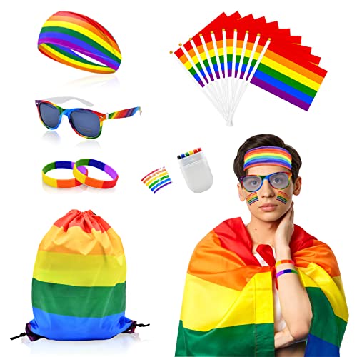 17-teiliges Regenbogen Pride Set – Regenbogen Stirnband Brille Gesicht Farbe Umhang Mini Handheld Flaggen Sport Armbänder Kordelzug Tasche für LGBTQ Pride Zubehör Pride Month Party Supplies 17-teiliges Regenbogen Pride Set – Regenbogen Stirnband Brille Gesicht Farbe Umhang Mini Handheld Flaggen Sport Armbänder Kordelzug Tasche für LGBTQ Pride Zubehör Pride Month Party Supplies von Paezm