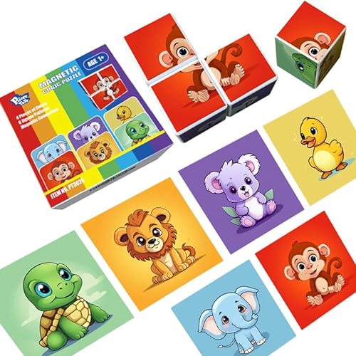 Pairez Toys 3D Kunststoff Würfel Puzzle Spielzeug für Kleinkinder, Magnetische Bausteine, große Bausteine Würfel 1,65 Zoll, integriert mit Magneten, 6 Muster im Tierthema von Pairez Toys