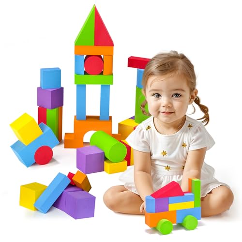 Pairez Toys Große Bausteine für Kleinkinder 2-3, große Schaumstoff-Bausteine, Baby Badespielzeug, weiche Stapelblöcke für Jungen & Mädchen ab 18 Monaten (36 Stück) von Pairez Toys