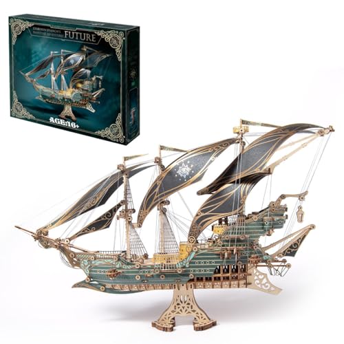 Palapozzy 3D Holzpuzzle Steampunk Piratenschiff Modellbausatz, Handgefertigtes Set aus Holzornament, kreative Weihnachts- und Geburtstagsgeschenke für Erwachsene (Grün) von Palapozzy